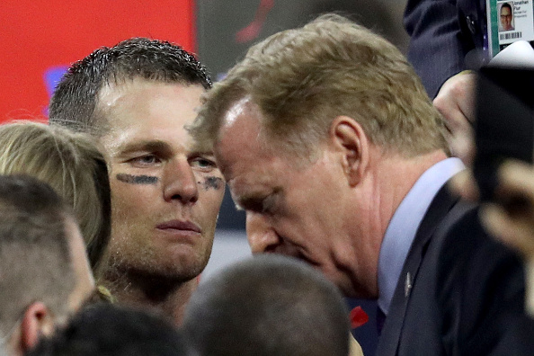 Tom Brady speaks to Roger Goodell after Super Bowl LI.  (Photo by Patrick Smith/Getty Images)