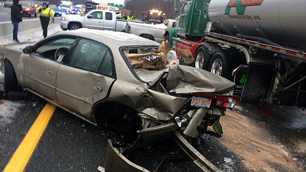 A photo from the 30-car pileup on Route 128 north in Wakefield. (WBZ-TV)