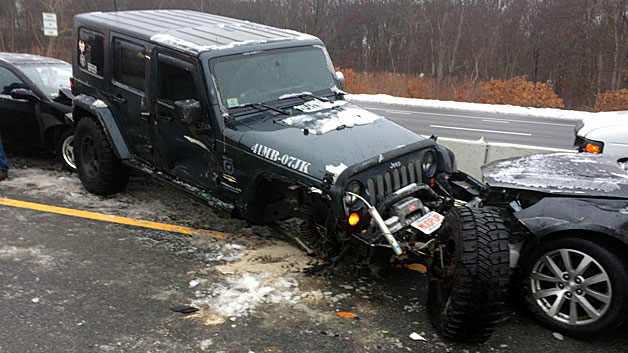 A photo from the 30-car pileup on Route 128 north in Wakefield. (WBZ-TV)
