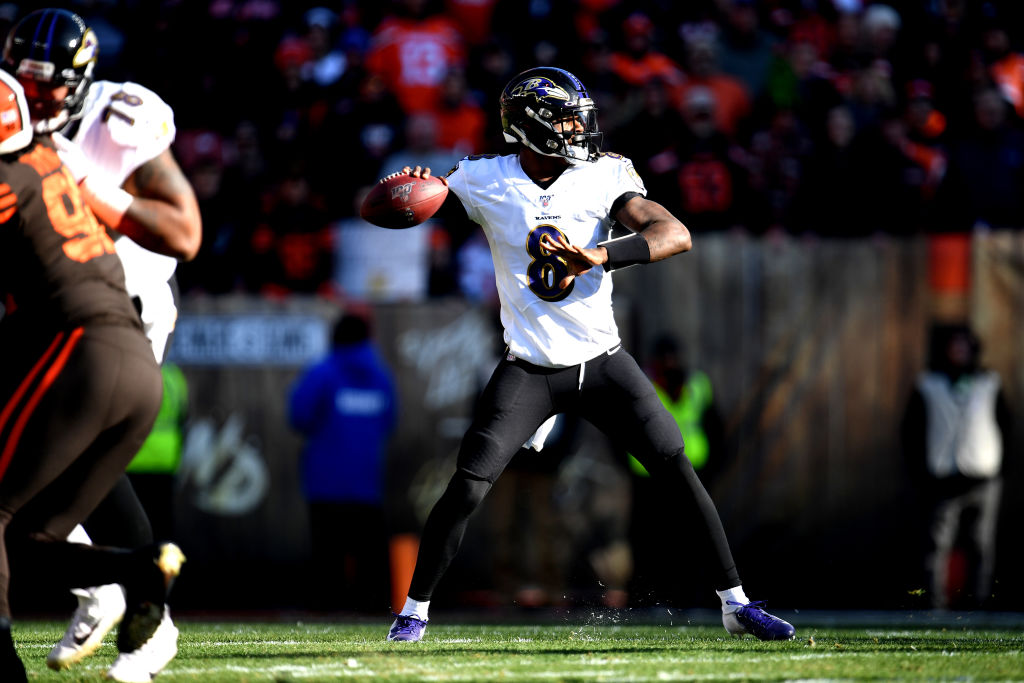 Lamar Jackson #8 of the Baltimore Ravens throws a pass against the Cleveland Browns during the first quarter in the game at FirstEnergy Stadium on December 22, 2019 in Cleveland, Ohio. 