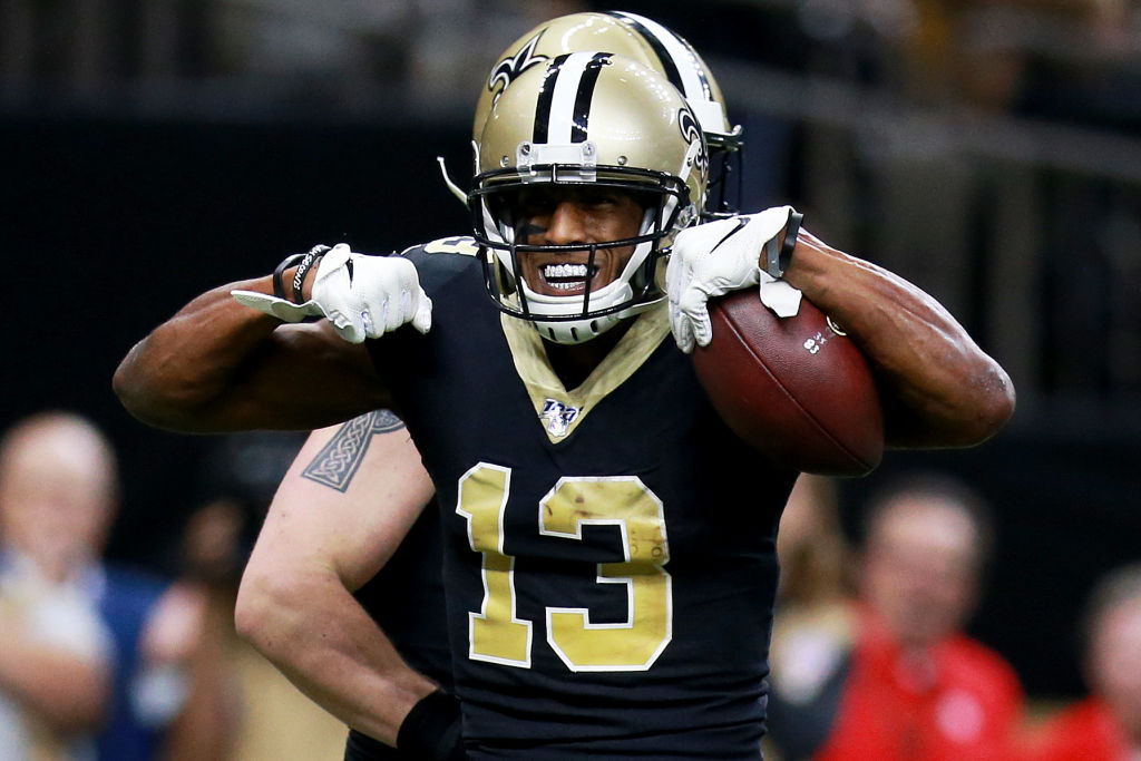 Wide receiver Michael Thomas #13 of the New Orleans Saints celebrates after a touchdown in the second quarter of the game against the Indianapolis Colts at Mercedes Benz Superdome on December 16, 2019 in New Orleans, Louisiana. 