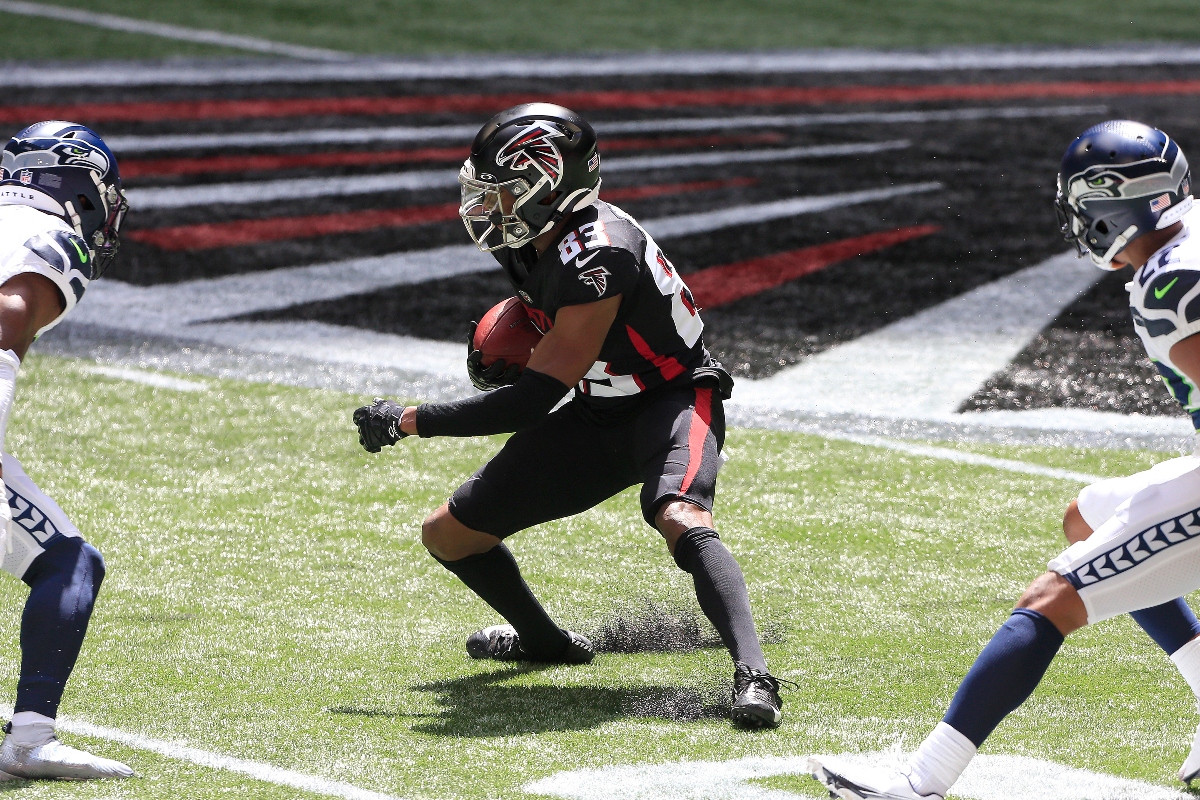 Russell Gage (83) of the Atlanta Falcons looks for an opening after catching a pass during the NFL Week 1 game between the Atlanta Falcons and the Seattle Seahawks on September 13, 2020 at Mercedes-Benz Stadium in Atlanta, Georgia. 